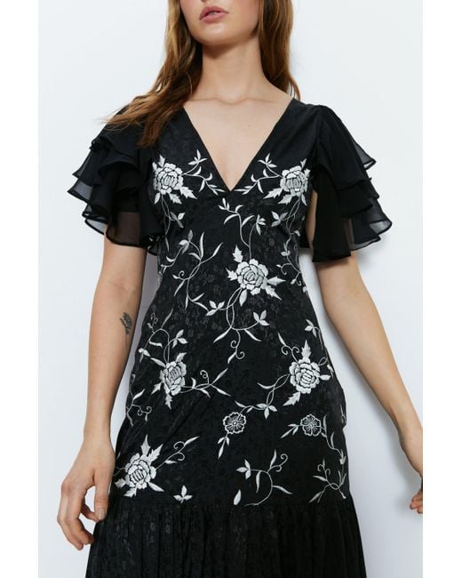 Warehouse Black Embroidery Ruffle Sleeve Maxi Dress