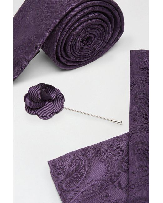 Burton Purple Wedding Paisley Tie Set With Lapel Pin for men
