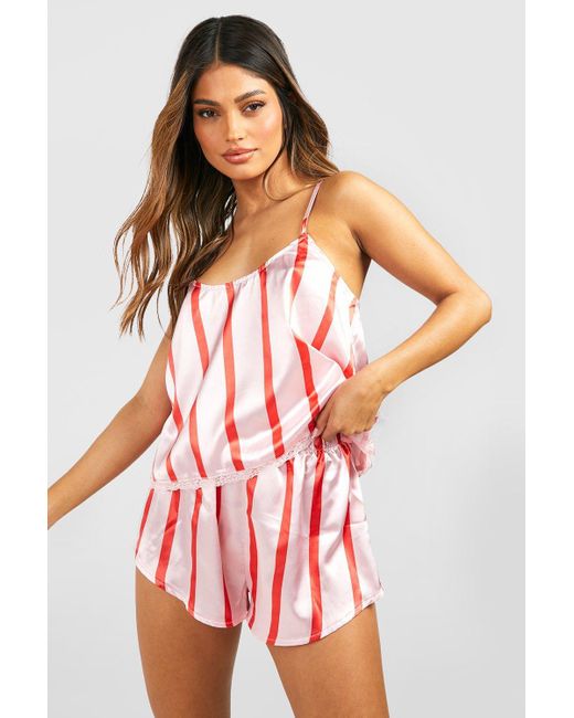 Boohoo Red Skinny Stripe Cami And Pyjama Short Set