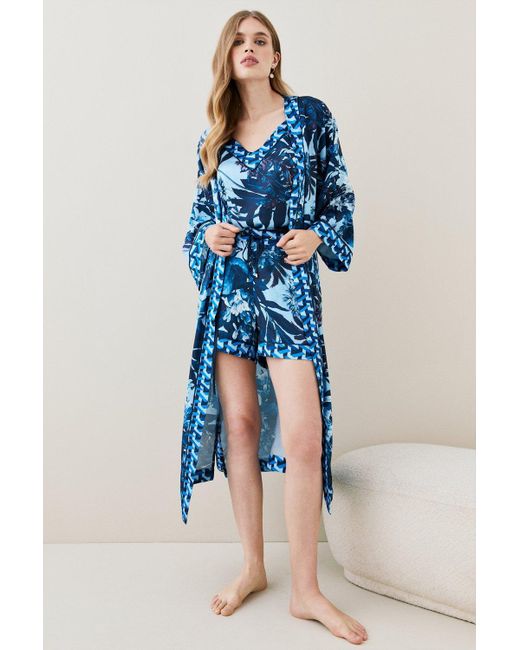 Karen Millen Blue Tropical Geo Satin Nightwear Short