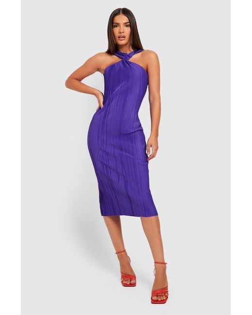 Boohoo Purple Premium Plisse Twist Front Midi Dress