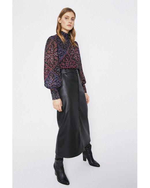 Warehouse Black Paisley Ruched Neck Detail Top