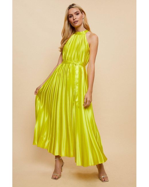 Wallis Yellow Chartreuse High Shine Satin Pleated Midi Dress