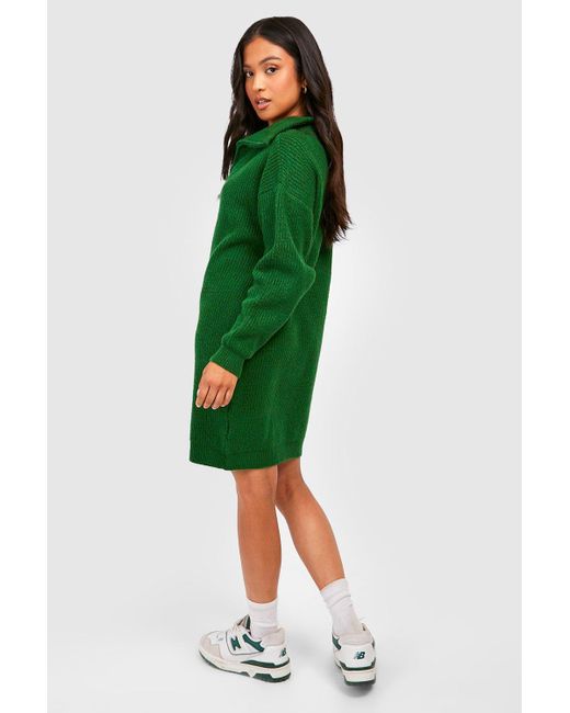 Boohoo Green Petite Soft Knit Zip Polo Sweater Dress