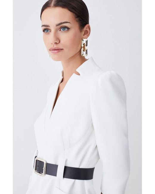 Karen Millen White Petite Compact Stretch Belted Forever Belted Midi Dress