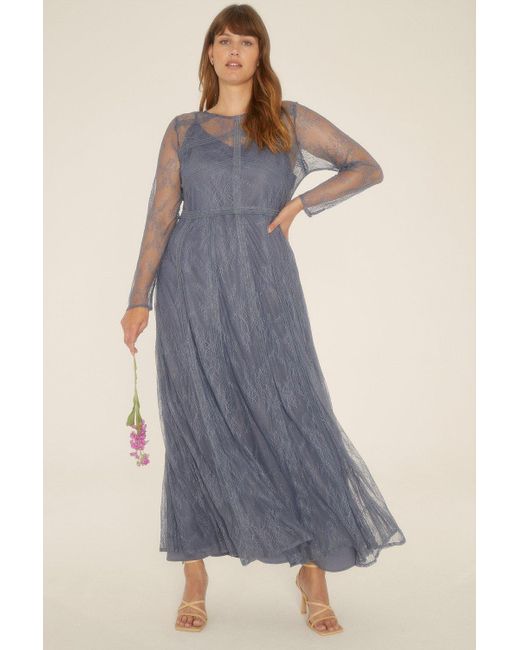 Oasis Blue Plus Size Delicate Lace Long Sleeve Dress