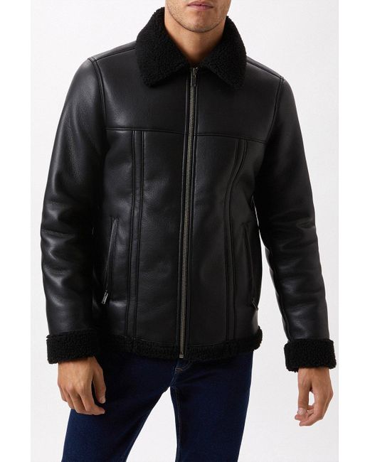 Burton Black Textured Leather Look Aviator Jacket for men
