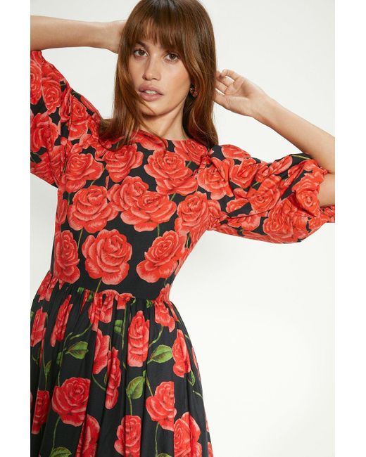 Oasis Red Petite Rose Placement Puff Sleeve Midi Dress