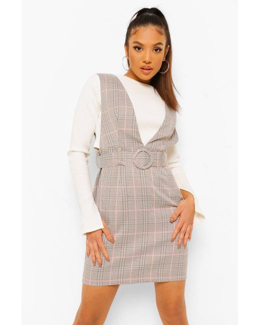 Boohoo White Petite Check Belted Pinafore Dress