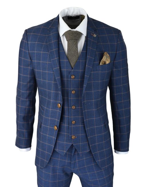 Paul Andrew Blue 3 Piece Suit Check Peaky Blinders 1920 Gatsby Smart Vintage Suit for men