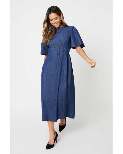 Dorothy Perkins Blue Denim Shirred Waist Midi Dress