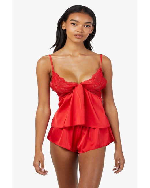 Wolf & Whistle Red Rosie Satin And Lace Cami & Short Set