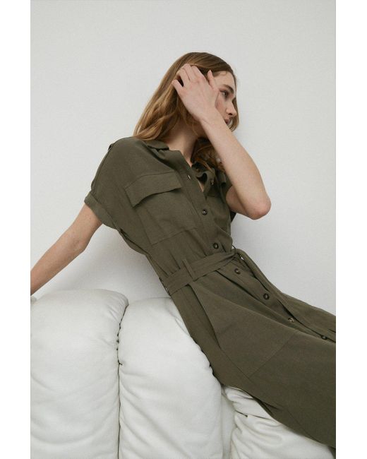 Warehouse Green Linen Mix Utility Pocket Midi Shirt Dress