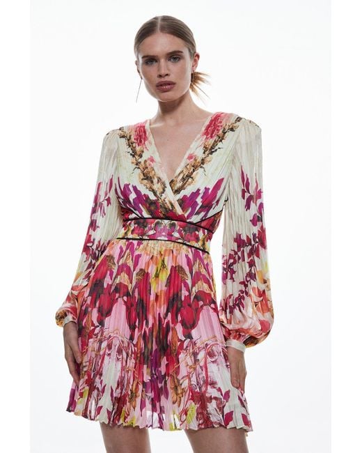 Karen Millen Mirrored Ombre Floral Pleat Drama Woven Mini Dress