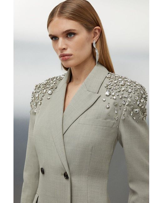 Karen Millen Gray Tailored Wool Blend Embellished Open Back Detail Midi Blazer Dress