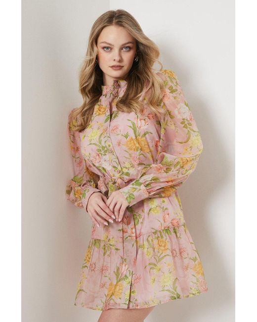 Oasis Brown Soft Floral Organza Mini Shirt Dress
