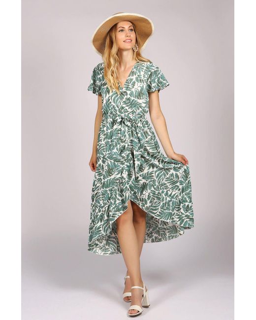Tenki Green Ruffle Wrap Leaf Print Maxi Dress