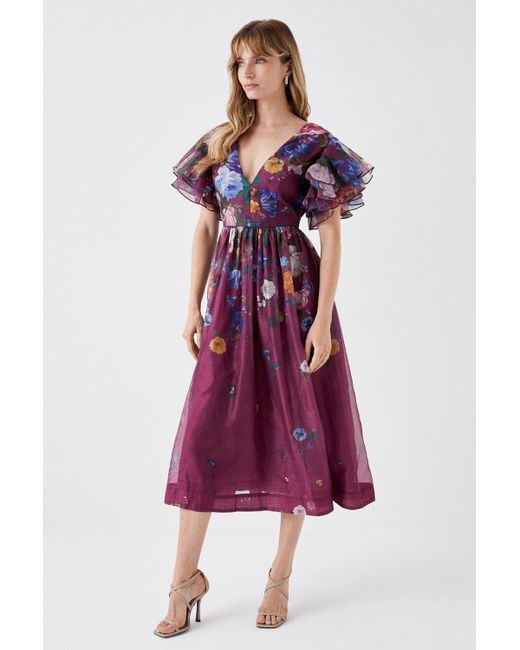 Coast Purple Ruffle Sleeve Placement Print Full Skirt Midi Dress