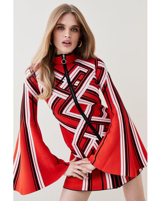 Karen Millen Red Placement Stripe Zip Through Knit Mini Dress