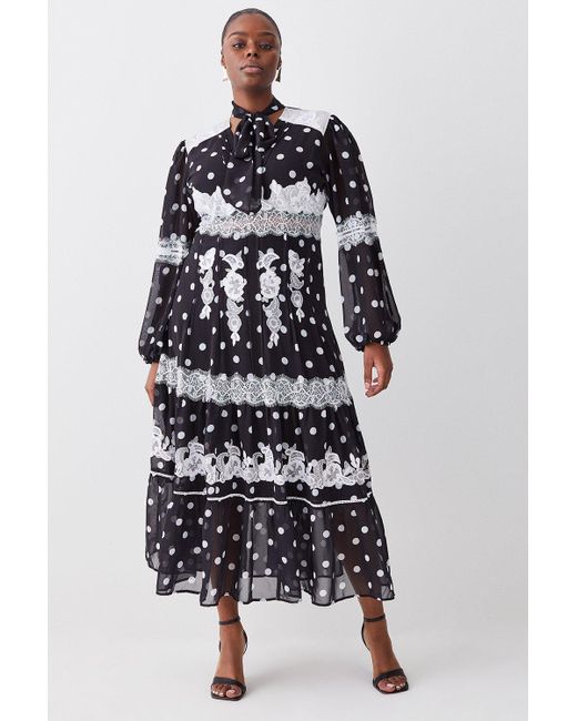 Karen Millen White Plus Size Polka Dot Mix Lace & Embroidery Maxi Dress