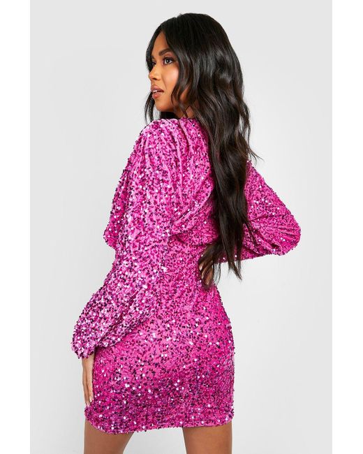 Boohoo Pink Velvet Sequin Blouson Mini Party Dress