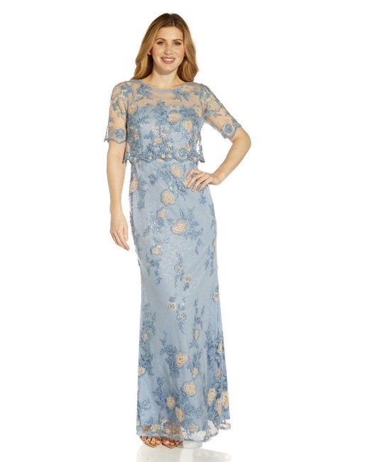 Adrianna Papell Blue Embroidered Popover Gown