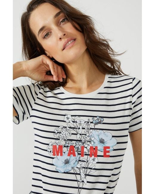 MAINE Gray Floral Logo Striped Scoop Neck T-shirt