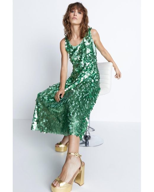 Warehouse Green Hand Embellished Sequin V Neck Midi Dress