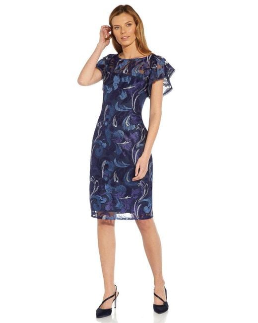 Adrianna Papell Blue Embroidered Flutter Sheath