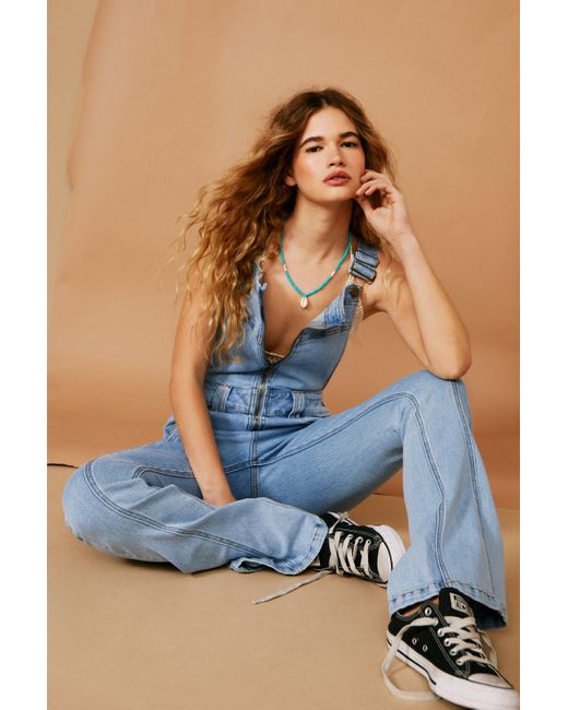 Nasty Gal Blue Fit And Flare Zip Through Denim Overalls