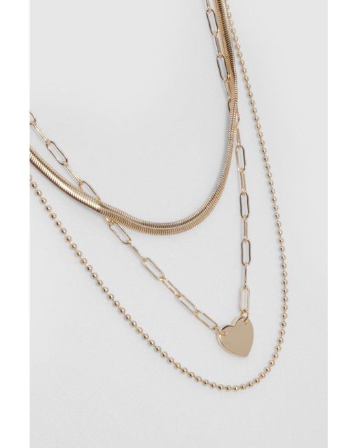Boohoo White Triple Layer Snake Chain And Heart Necklace