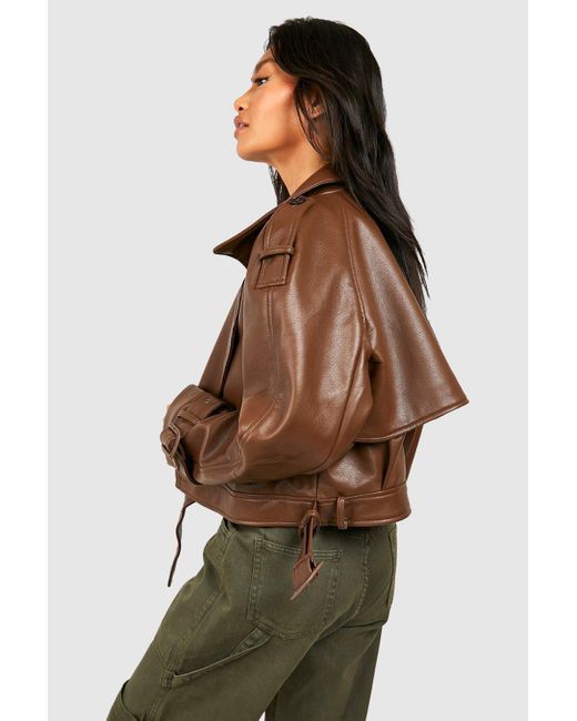 Boohoo Brown Cropped Faux Leather Biker Trench Coat