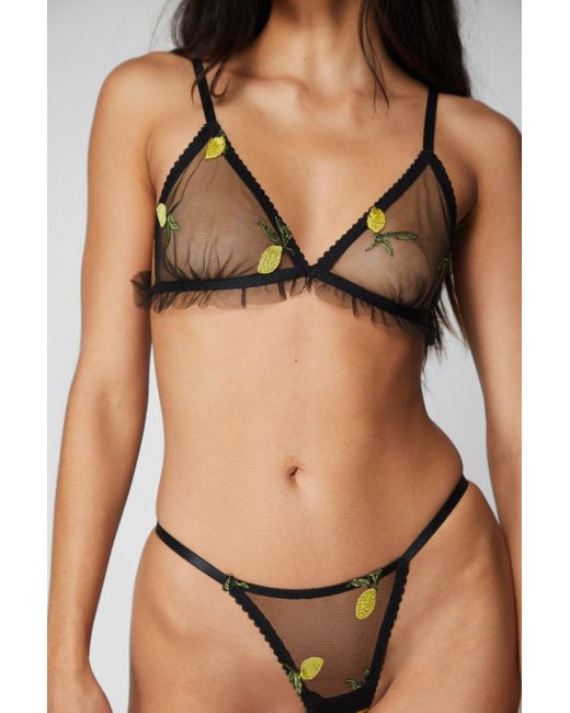 Nasty Gal Black Lemon And Pineapple Embroidered Tie Ruffle Triangle Lingerie Set