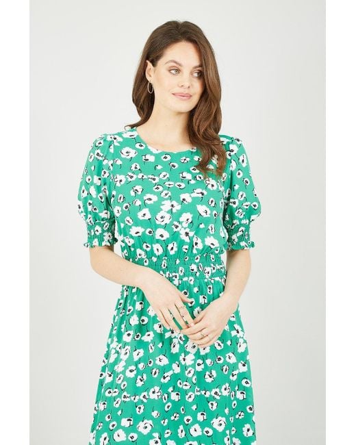 Yumi' Green Floral Puff Sleeve Ruched Waist Midi Dress