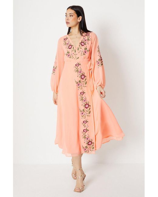 Coast Pink Embroidered Wrap Blouson Sleeve Midi Dress