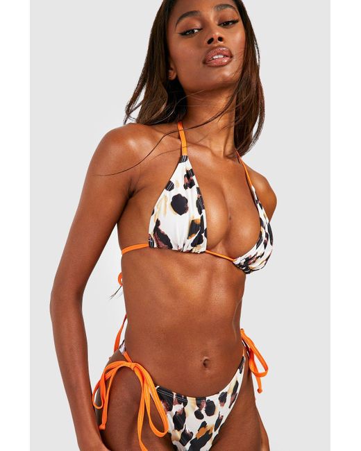 Boohoo Orange Leopard Print Contrast Ties Halter Bikini Set