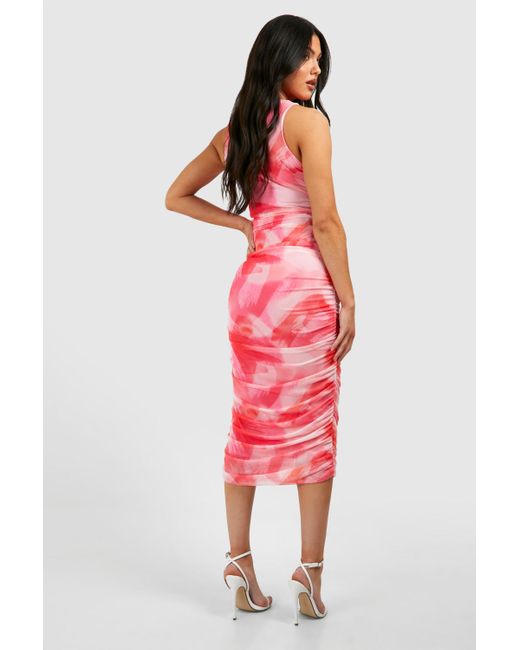 Boohoo Red Maternity Abstract Mesh Ruched Midaxi Dress