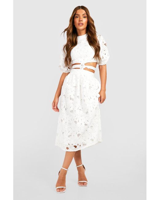 Boohoo White Premium Lace Cut Out Midi Dress