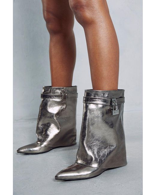 MissPap Gray Metallic Fold Over Padlock Knee High Boots