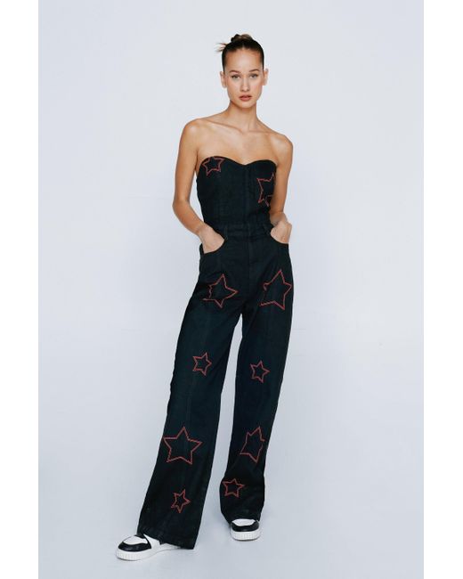 Nasty Gal Blue Petite Embroidered Star Twill Wide Leg Jumpsuit