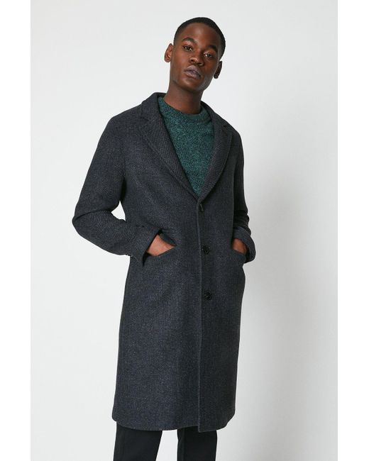Burton Blue Wool Textured 3 Button Overcoat for men