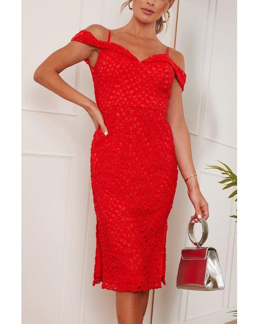 Chi Chi London Red Bardot Premium Lace Midi Dress
