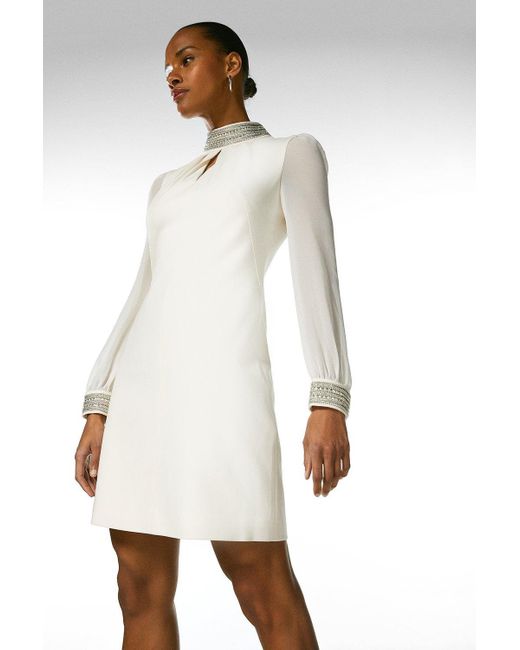 Karen Millen White Diamante Detail Sheer Sleeve Dress