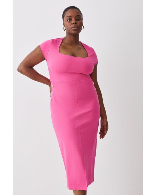 Karen Millen Pink Plus Size Square Neck Military Trim Ponte Pencil Midaxi Dress