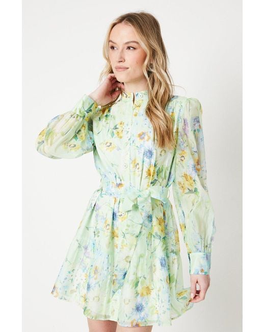 Oasis Green Organza Floral Mini Shirt Dress