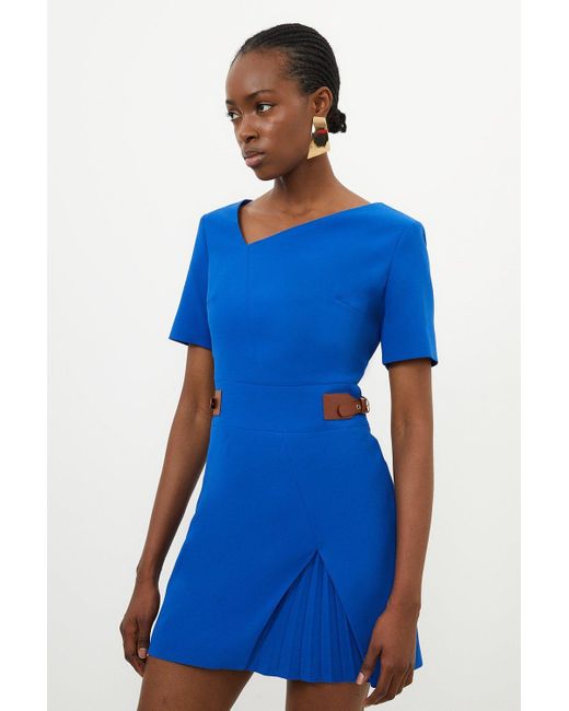Karen Millen Blue Petite Tailored Crepe Asymmetric Neckline Pleated Midi Dress