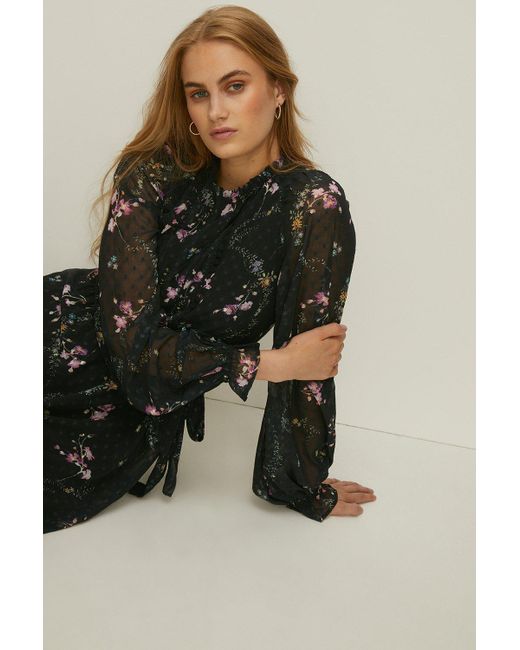 Oasis Black Lace Trim Floral Dobby Chiffon Dress