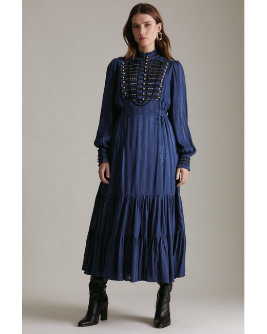 Karen Millen Blue Cornelli Studded Military Woven Maxi Dress