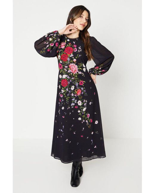 Oasis Black Floral Lace Trim Blouson Midi Dress