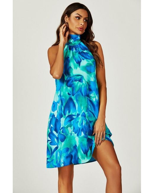 FS Collection Abstract Floral Print Halter Neck Tie Back Mini Dress In Blue
